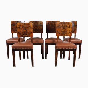 Art Deco Chairs in Leather and Burl Walnut, 1930s, Set of 6