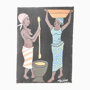 Miebieme, Haitian Figures, 1960s, Oil on Canvas