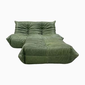 Vintage French Green Leather Togo 2-Seater Sofa with Ottoman by Michel Ducaroy for Ligne Roset, 1970s