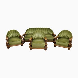 Baroque Style Oak and Velour Living Room Set, 1960s, Set of 4