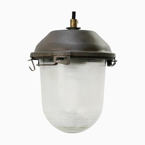Lampe à Suspension Industrielle Vintage en Verre Rayé Gris et Transparent