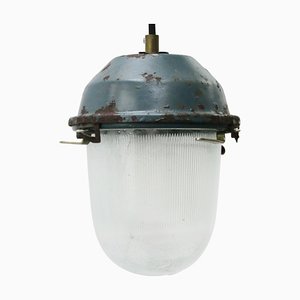 Lampe à Suspension Industrielle Vintage en Verre Transparent et Rayé Bleu