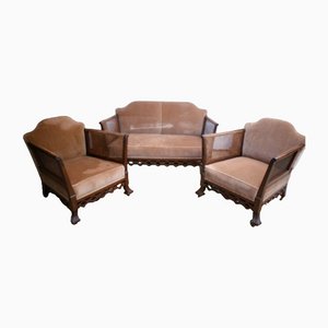 Mahogany and Cane Bergere Living Room Suite, 1920s, Set of 3