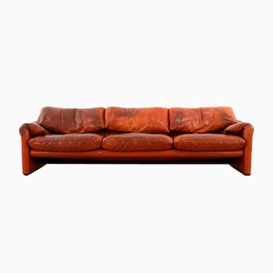Patinated Red -Brown Leather Sofa by Vico Magistretti