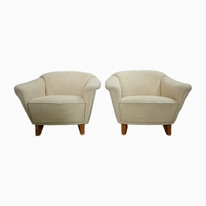 Scandinavian White Wool Cover Armchairs, 1960s, Set of 2