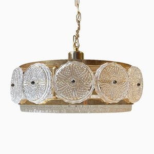 Swedish Crystal and Gilt Brass Pendant Chandelier from Orrefors, 1960s