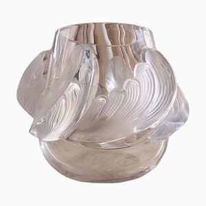 Jarrón vintage escultural de vidrio con ondas de Rene Lalique