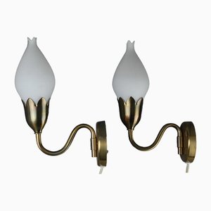 Danish Tulip Brass & Opaline Wall Lamps from Fog & Mørup, 1950s, Set of 2