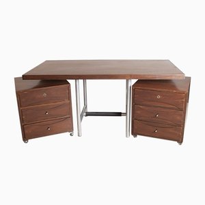 Wooden Desk with Metal Structure and Handable Drawers, 1960s