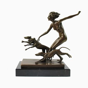 Josef Lorenzl, Nu Féminin Art Déco avec Chiens, 1920s, Bronze sur Socle en Marbre