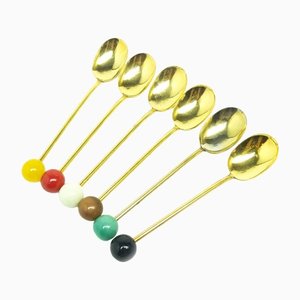 Vintage Pop-Art Mocca Spoons in Brass, 1920s, Set of 6