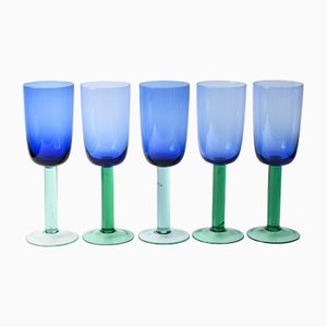 Copas de vino escandinavas vintage en azul y verde, años 80. Juego de 5