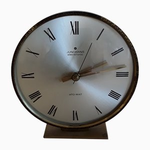 Mid-Century German Table Clock Auto-Mat with Brass Housing and Round Glass Pane by Junghans, 1960s