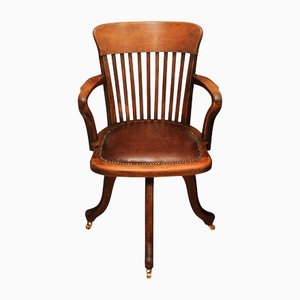 Oak Brown Leather Swivel Desk Chair, 1920s