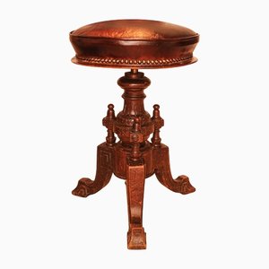 Victorian Carved Wood Revolving Piano Stool with Brown Leather, 1850s