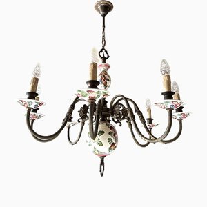 Porcelain and Brass Chandelier with Floral Decor, France