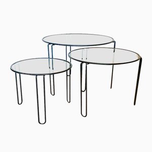 Tavolini ad incastro rotondi vintage in metallo e vetro, set di 3
