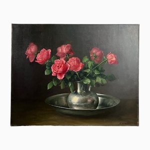 Dutch Artist, Pink Roses in Vase, 20th Century, Oil on Canvas