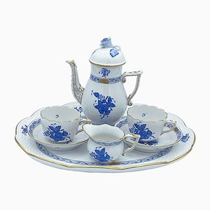 Blue Porcelain Coffee Service from Herend, Hungary, Set of 7