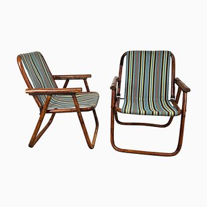 Folding Deck Chair in Bamboo Wood and Fabric, 1970s, Set of 2