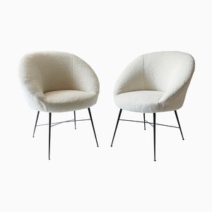 Italian Lounge Chairs with Black Metal Legs and White Boucle Fabric, 1950s, Set of 2