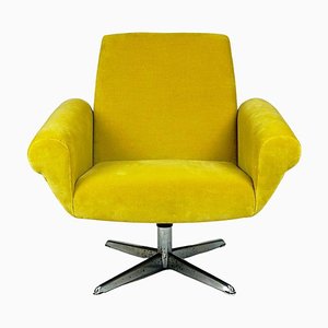 Scandinavian Lounge Chair with Swivel Chrome Base and Yellow Velvet, 1960s