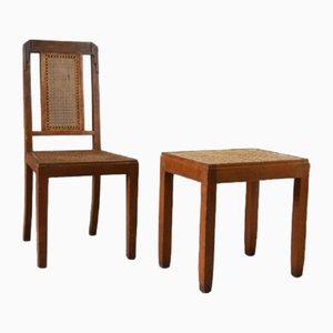 Vintage Teak & Cane Chair & Stool, Set of 2