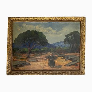 Rural Landscape with Peasant in Frejus, French Riviera, 1910s, Oil on Wood, Framed