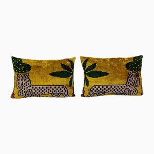 Pink and Gold Silk Velvet Animal Ikat Cushion Covers, 2010s, Set of 2