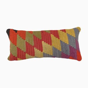 Colorful Handwoven Lumbar Kilim Cushion Cover, 2010s