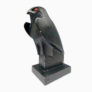 Statuette Horus Falcon avec Patine Noire Géométrique en Plâtre, 1950