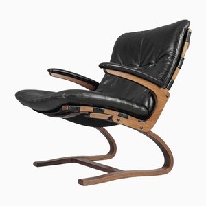 Plywood and Black Leather Armchair by Elsa & Nordahl Solheim for Rybo Rykken & Co., Norway, 1970s