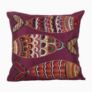 Handmade Silk Suzani Cushion Cover with Fish Emboridery