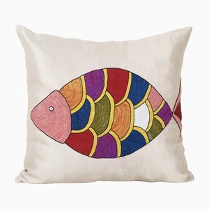 Handmade Silk Suzani Cushion Cover with Fish Embrodiery