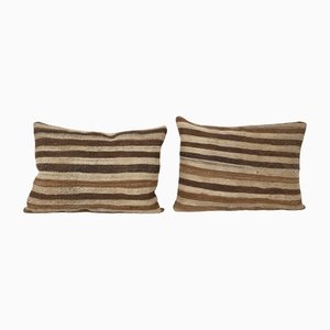 Turkish Brown Striped Kilim Cushion, Set of 2