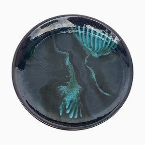 Turquise and Black Ceramic Plate from Łysa Góra, Poland, 1970s
