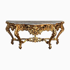 19th Century Baroque Spanish Console Table in Carved and Gilded Walnut Ormolu and Marble