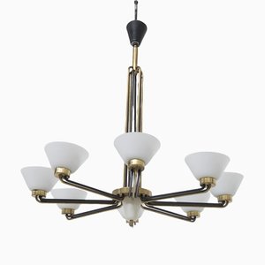 Mid-Century Chandelier in Brass and Opal Glass, 1950s