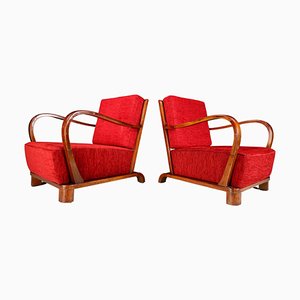 Art Deco Walnut and Red Fabric Armchairs, Italy, 1930s, Set of 2