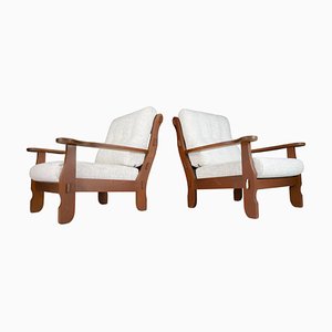Oak and Fabric Sculptural Armchairs, France, 1960s, Set of 2