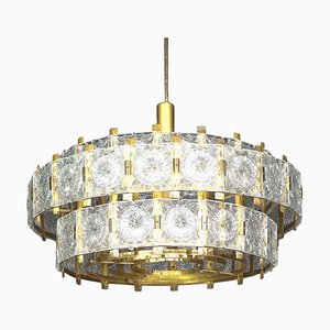 Large Chandelier with Patinated Brass Fixture, Praque, 1960s