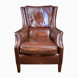 Vintage Dark Brown Sheep Leather Armchair with High Back