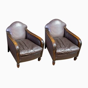 Art Deco Leather Armchair with Wooden Armrests