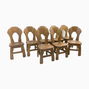 Mid-Century Modern Brutalist Wooden Chairs, Belgium, 1970s, Set of 8