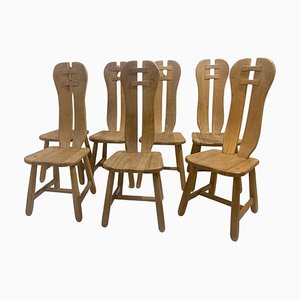 Mid-Century Modern Brutalist Oak Dining Chairs attributed to De Puydt, Belgium, 1970s, Set of 7