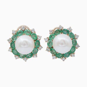 14 Karat Rose Gold Earrings with South-Sea Pearls in Emeralds and Diamonds, 1960s, Set of 2