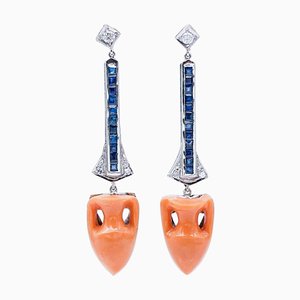 Platinum Dangle Earrings with Coral, Sapphires and Diamonds, 1960s, Set of 2