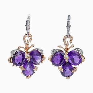 14 Karat White and Rose Gold Earrings with Amethysts and Diamonds, Set of 2