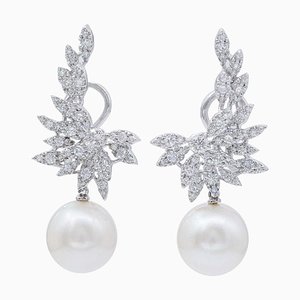 18 Karat White Gold Earrings with South-Sea Pearls and Diamonds, 1970s, Set of 2