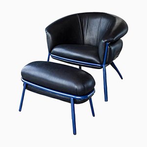Set of Grasso Armchair and Foot Stool in Leather by Stephen Burks